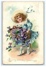 1909 Birthday Greetings Pretty Girl With Basket Flowers Embossed Tuck's Postcard picture