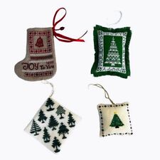 4 small hand stitched cross stiched holiday Christmas fabric art ornaments picture