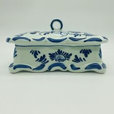 Vintage Blue And White Floral Porcelain Hand Painted Delft Trinket Vanity Box picture