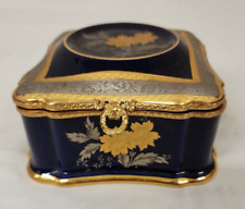 Imperia Limoges Cobalt Blue & 22k Gold 8” Floral Trinket Box France picture