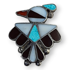 Vintage Native American Zuni Sterling Silver Inlay Turquoise Bird Brooch Pin picture