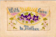 Silk Embroidered Postcard With Love To Mother Purple Flowers c.1918 WWI Era picture