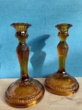 Vintage Amber Glass Candlestick Holders Pair With Candlesticks picture