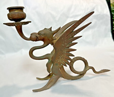 TIFFANY & Co. - Antique Brass Griffin Winged Dragon Candlestick Holder SIGNED picture