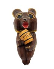 Vintage Russian Folk Art Wooden Bear Honey Shelf Sitter Figure Wood Signed 3.5