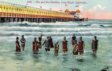Vintage Postcard Pier and Sun Pavilion Long Beach Ca, Swimmers wading in ocean   picture