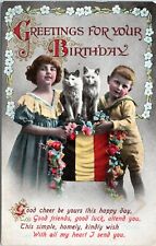 c1910 Girl Boy and Cats, Birthday Card, flowers, sweet poem, Vintage Postcard picture