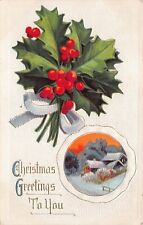 Antique Christmas Greetings Embossed Rural Dickensian Bow Holly Vtg Postcard R4 picture