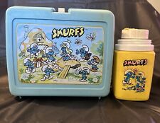 Vintage Smurfs Blue Lunch Box w/ Yellow Thermos by THERMOS 1985 Plastic picture