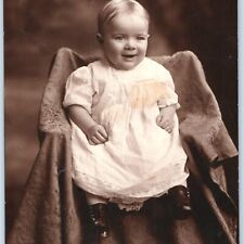 c1900s Cute Smiling Baby Photo Adorable Child Boy or Girl Dress Antique B9 picture