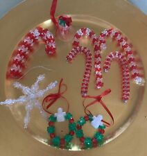 Vintage Handmade Plastic Beaded Candy Cane Snowflake Wreath Christmas Ornaments picture