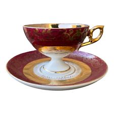Vintage Demitasse Tea Cup & Saucer Red  White Gold Trim Hallmark Unknown Vtg picture