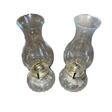 Pair of Vintage Hobnail Clear Glass Hurricane Oil Lamps with Crocheted shades picture