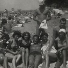Vtg. 1950-60s Beach Party Found Photo Ladies Man lying In Sand Shirtless Men OLD picture
