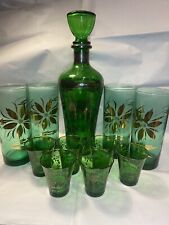 Vintage Italian Genuine Murano Green & Gold leaf Glassware Set With Carafe picture