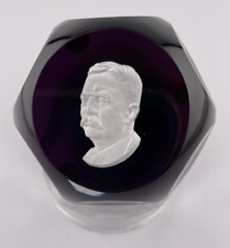 Vtg Baccarat Teddy Roosevelt Amethyst Faceted Sulfide Cameo Glass Paperweight picture