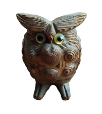 Hand Carved Solid Wood Owl Art Sculpture Statue Figurine Glass Eyes 3 3/4