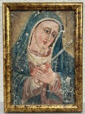 Antique 19th C Oil Painting Lady Of Sorrows Virgin Mary Mexican Retablo Folk Art picture