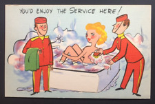 Sexy Lady in Hotel Bathtub Linen 1940 Vintage Comic Humor Postcard 1940's picture