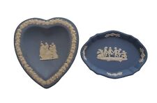 Pair Of 2 Unmatched Wedgwood Blue Jasperware Trinket Dishes 1 Heart 1 Oval Shape picture