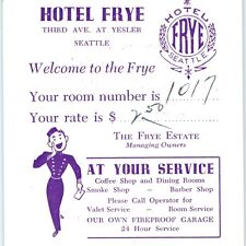 c1940s Seattle, WA Hotel Frye Welcome Card Room Number Cost Advertising Vtg C47 picture