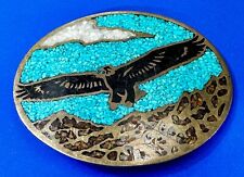 Flying Soaring Eagle with Turquoise Chip Inlay Vtg. 1981 Belt Buckle New Mexico picture