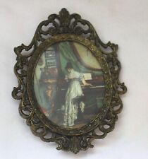 VINTAGE ITALIAN ITALY BRASS ORNATE MINI OVAL PICTURE FRAME VICTORIAN GIRL PIANO picture