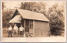 Photograph Of Three Men In Front Of  Small House Antique Postcard picture