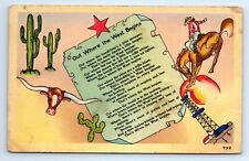 OUT WHERE WEST BEGINS Cowboy Bronco Cactus Oil Derrick Linen Postcard c.1945 picture