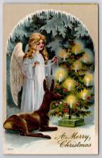 Christmas Greetings Angel Decorating Candlelit Tree As Deer Watches Postcard C39 picture