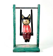 Cat On Swing Toy Figure Rustic Wood Hand Painted Swinging Decor 8.25