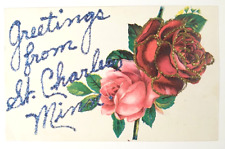 Greetings From St. Charles Minnesota Glitter Postcard Antique c1910 Embossed 263 picture