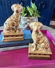 Antique Pair Of Porcelain Dog Figurines, Staffordshire Style, Bronze Base 9” picture