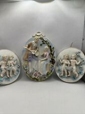 3 Vintage Victorian Couple Lovers & Cherubs Bisque Porcelain Plaques Japan 3D picture
