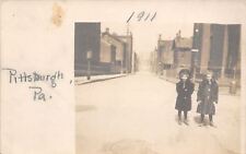 Pittsburgh PA 2 Pretty Little Girls on Snowy Street~Winter Coats RPPC 1911 picture