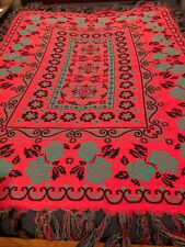 Antique WILDLY UNIQUE Reversible Woven Wool Throw Fringe Floral Black/Red/Green picture