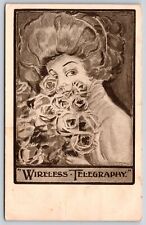 Greetings~Wireless Telegraphy~Pretty Lady with Roses~1909 Postcard picture