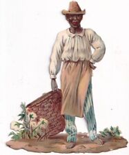 1800's Antique Victorian Die Cut Scrap -Man w Hat Apron Basket picture