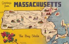 c1960 Greetings from Massachusetts.  Map, State Flower. Unposted picture