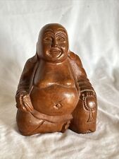 Vintage Wooden Hand Carved Happy Laughing Sitting Buddha Firgurine picture