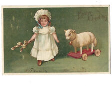 c1900s Cute Girl Pulling Lamb On Cart Easter Greeting Undivided Int Art Postcard picture