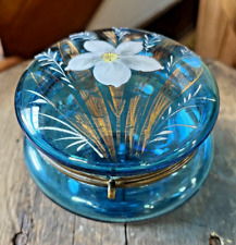 Antique Vintage Hand Painted Enamel Blue Glass Trinket Box Dresser Jewelry Box picture