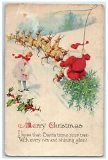 c1910's Christmas Santa Claus Sleigh Winter Scene Girl Handwarmer Postcard picture