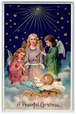 PFB Christmas Postcard Religious Angels Flute Stars Gel Gold Gilt Embossed picture