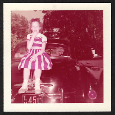 CarSpotter: 1950s Pontiac; Sherry Sits On Car Trunk 1958: Vintage COLOR Snapshot picture