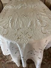 Vintage Heavily Embroidered & Pull Work Tablecloth Magnolia Florals 120