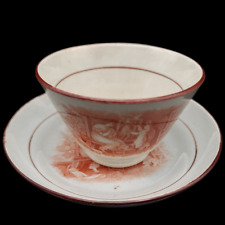 British Bat Print Shepherdess & Sheep Red Pearlware Tea Bowl & Saucer C. 1820 picture