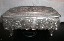 Vtg Victorian Ornate Floral Silver Metal Footed Trinket Jewelry Box Red Lining picture