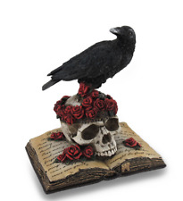 Crow Perching On Skull Statue w/ Roses & Open Book Figurine 7