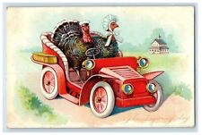 c1910's Thanksgiving Day Turkeys Driving Car Embossed Tuck's Antique Postcard picture